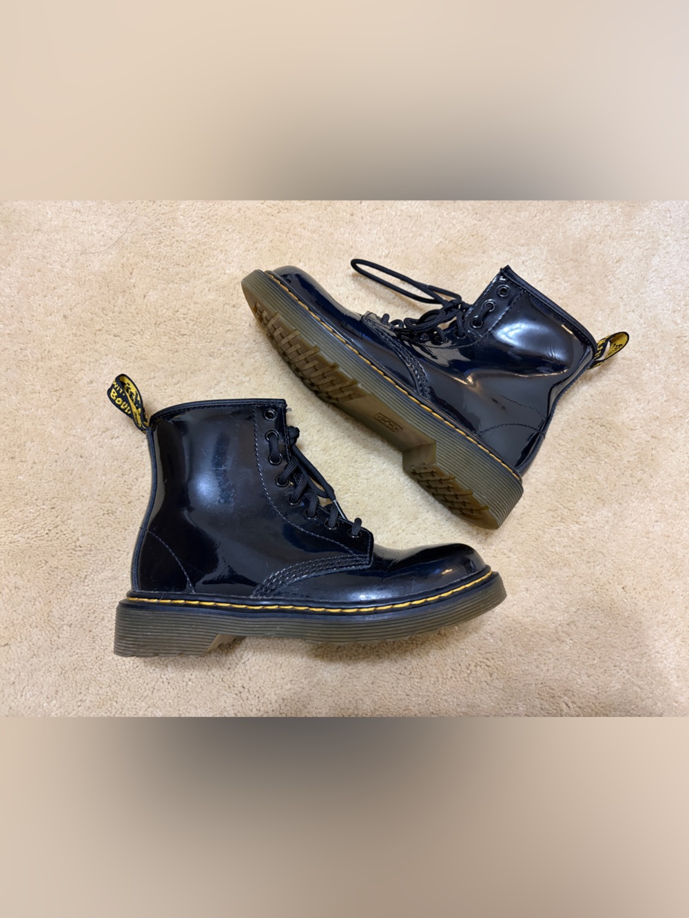 Dr. Martens Kids Black Patent Lace-Up Boots with Yellow Stitching|size 13